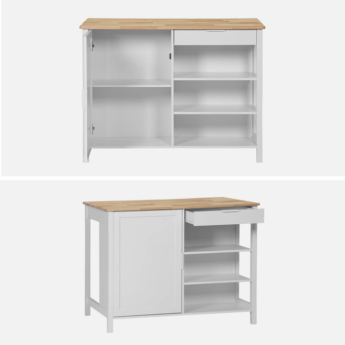 sweeek - 3-in-1 keukeneiland, 5 planken, 1 deur, 1 lade, 120cm
