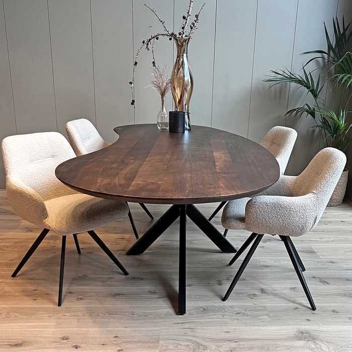 Eetkamertafel mango organisch Kidney walnoot met spinpoot 160 cm