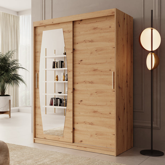 Meubella - Kledingkast Azai - Eiken - 150 cm - Met spiegel