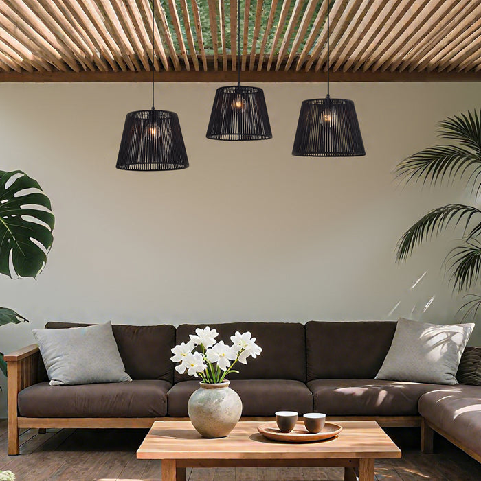QAZQA Buiten hanglamp zwart met zwarte kap van touw 3-lichts IP44 -