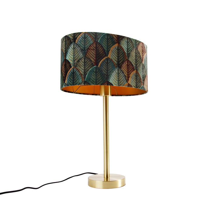 QAZQA Tafellamp messing met ovale velours kap blad design 35cm -