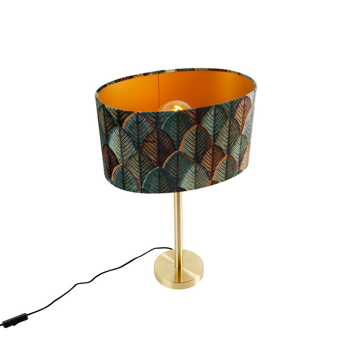 QAZQA Tafellamp messing met ovale velours kap blad design 35cm -