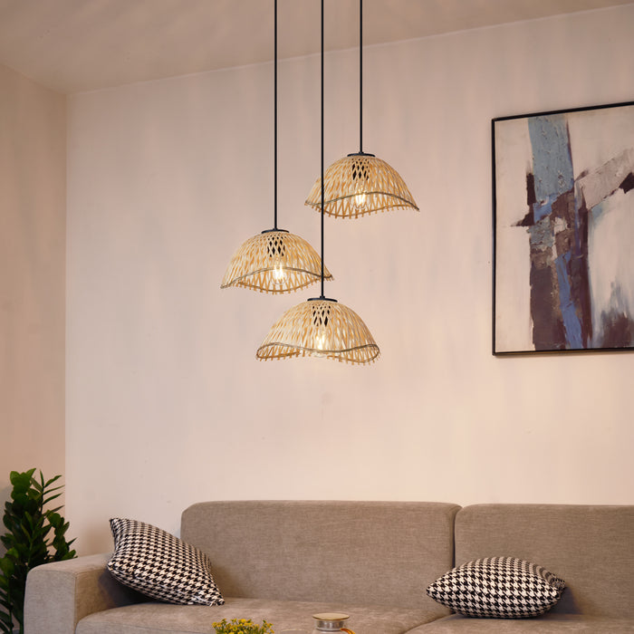 QAZQA Bohemian hanglamp zwart met bamboe 3-lichts - Lily