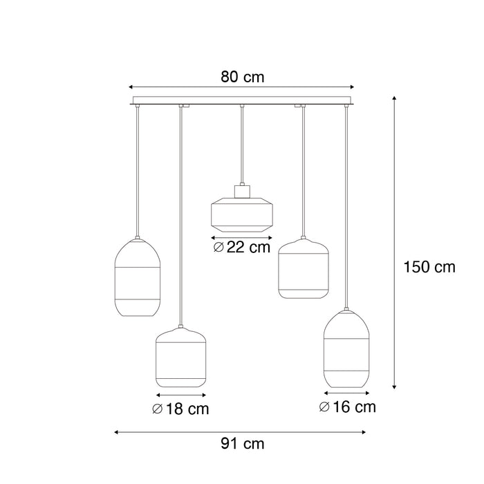 QAZQA Moderne hanglamp zwart met amber glas 5-lichts - Sheena