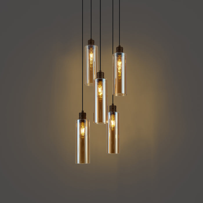 QAZQA Hotel Chique hanglamp donker brons met amber glas 5-lichts -