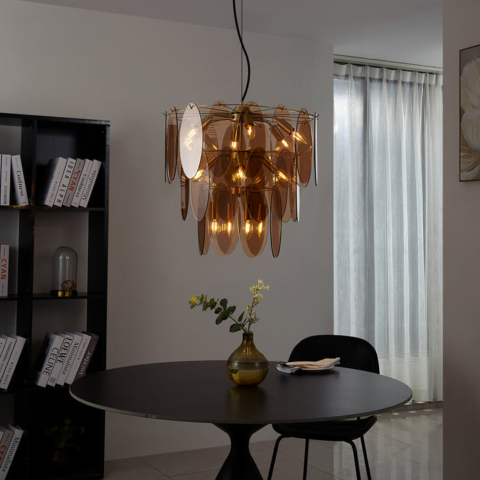QAZQA Art Deco hanglamp goud met amber glas ovaal 14-lichts - Mochan