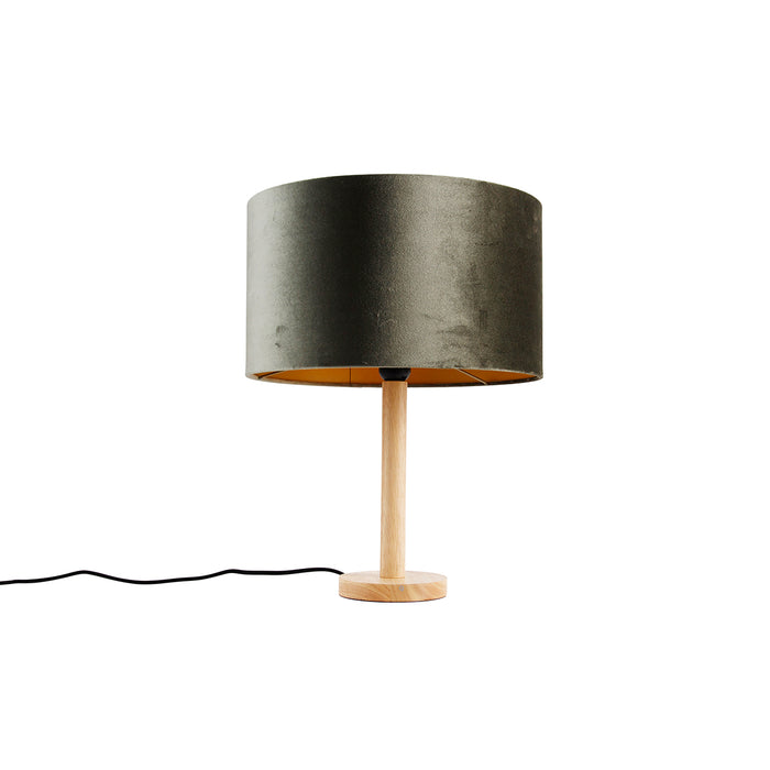 QAZQA Tafellamp hout met velours kap groen 35cm - Mels