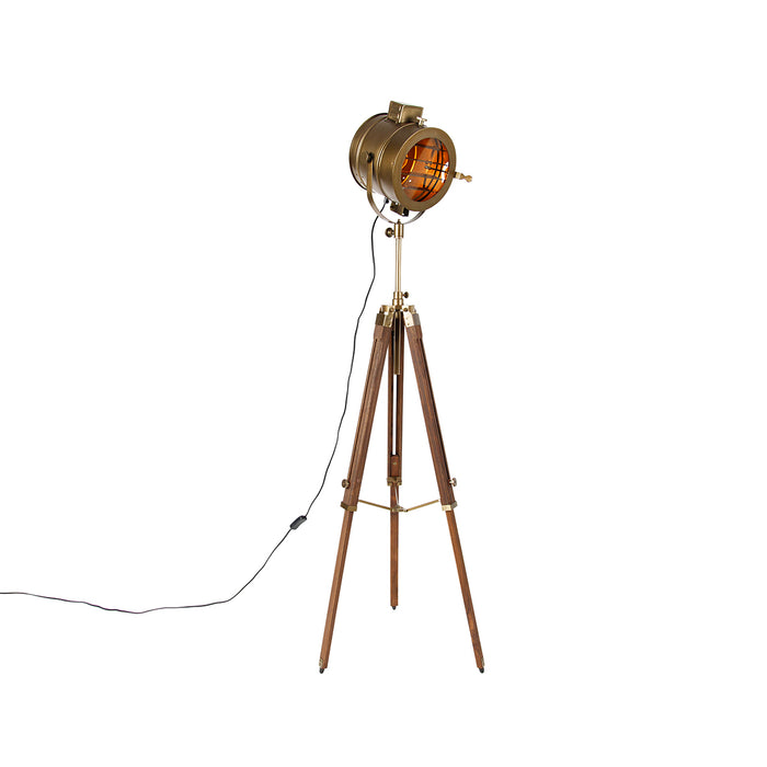 QAZQA Smart tripod vloerlamp brons met hout studiospot incl. Wifi A60