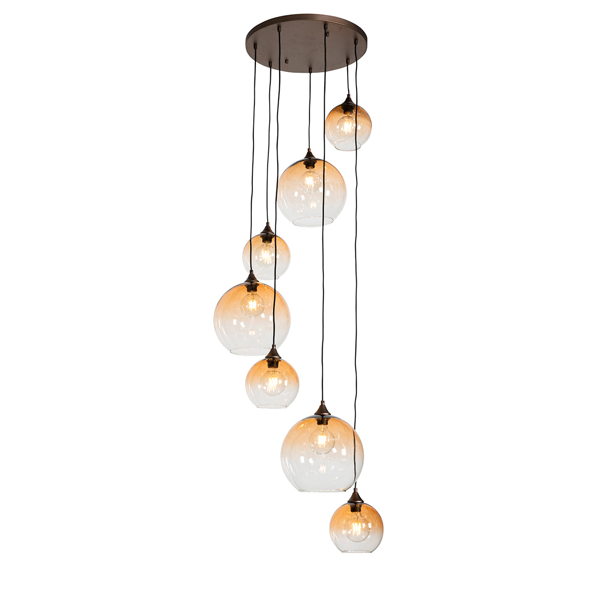 QAZQA Smart hanglamp donkerbrons met amber glas 7-lichts incl. 7 Wifi
