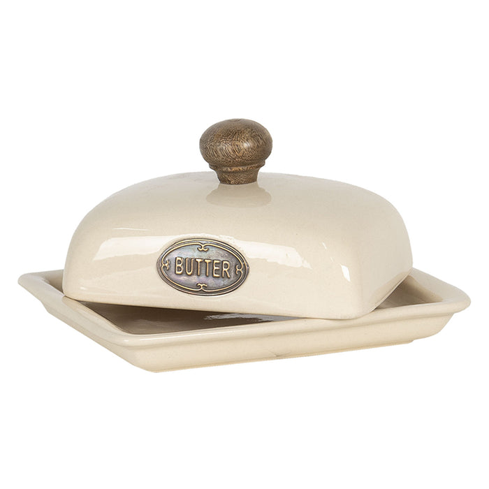 Clayre & Eef Botervloot 20x15x11 cm Beige Keramiek Vierkant
