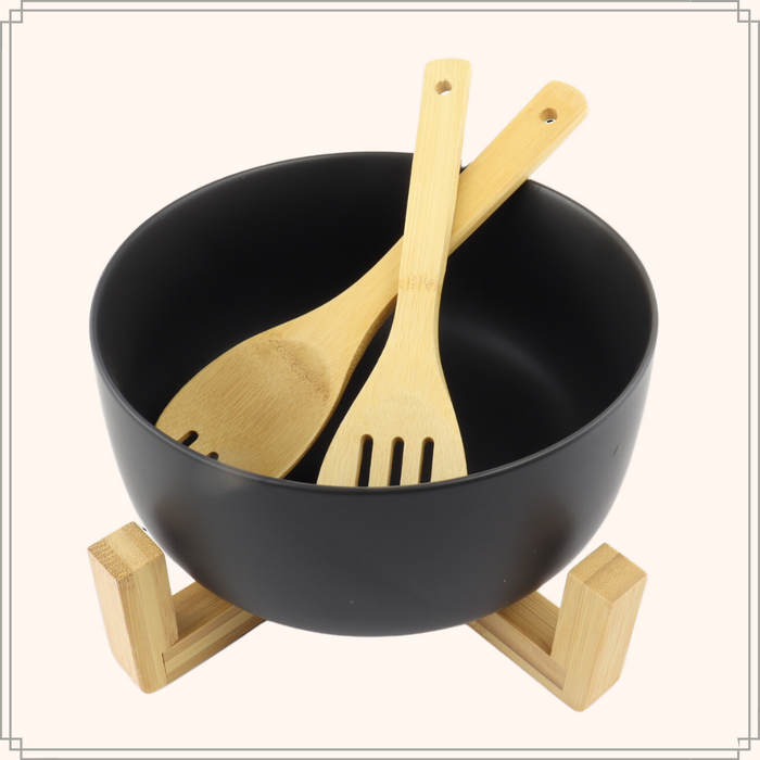 OTIX Slakom Saladeschaal met Slacouvert Zwart Set Bamboe 21 cm met...