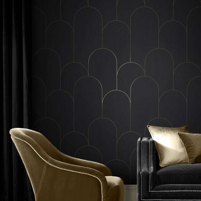 Graham & Brown vliesbehang Lancet Black & Gold zwart