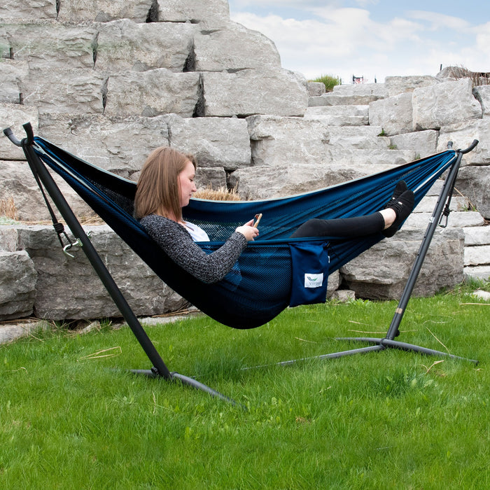 Vivere Mesh Hangmat met Standaard - Navy/Turquoise