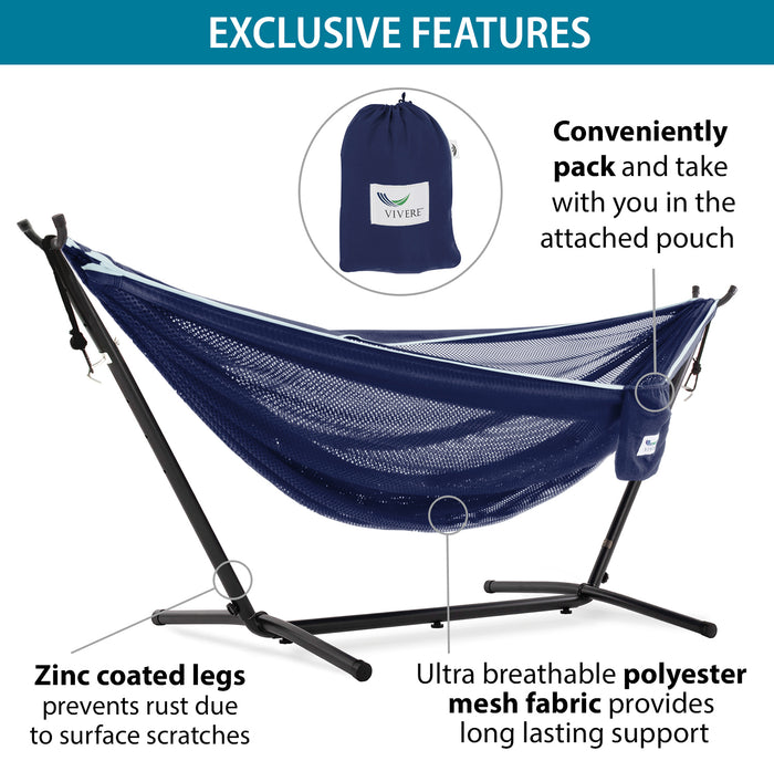 Vivere Mesh Hangmat met Standaard - Navy/Turquoise