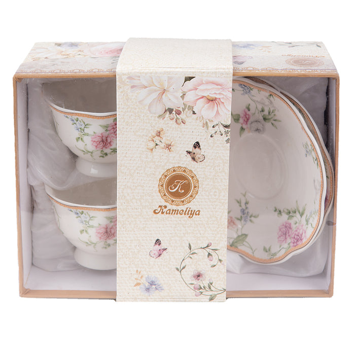 Clayre & Eef Kop en schotel Set van 2  220 ml Wit Roze Porselein