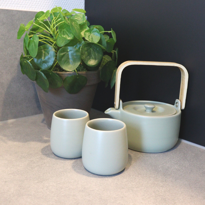Orange85 Theepot Mint 50cl met 2 Kopjes Aardewerk Bamboe