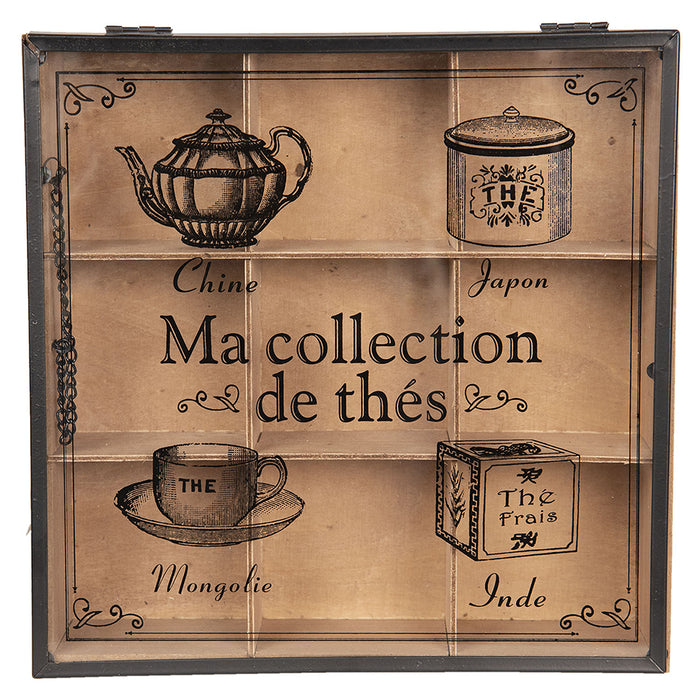 Clayre & Eef Theedoos 9 vakken 24x24x7 cm Bruin Hout Glas Vierkant