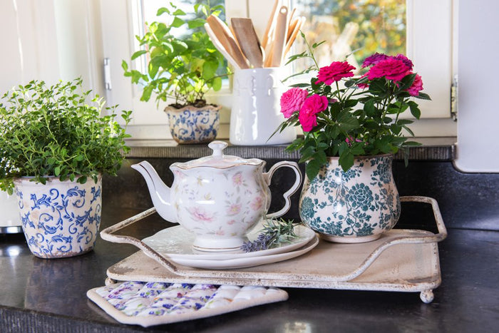 Clayre & Eef Theepot  1200 ml Wit Roze Porselein Rond Bloemen Theekan