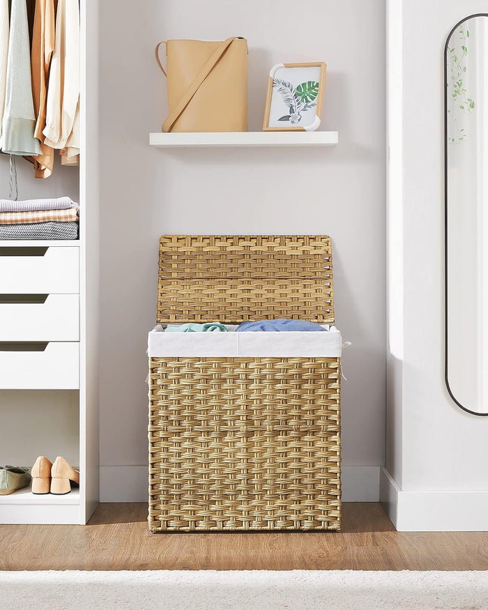 Geweven wasmand - 2 vakken van elk 55 liter - synthetische rotan - 57x60x33 cm - bruin