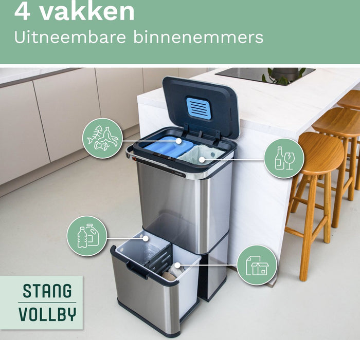 StangVollby Halden prullenbak met sensor - 4 vakken - 50L - RVS