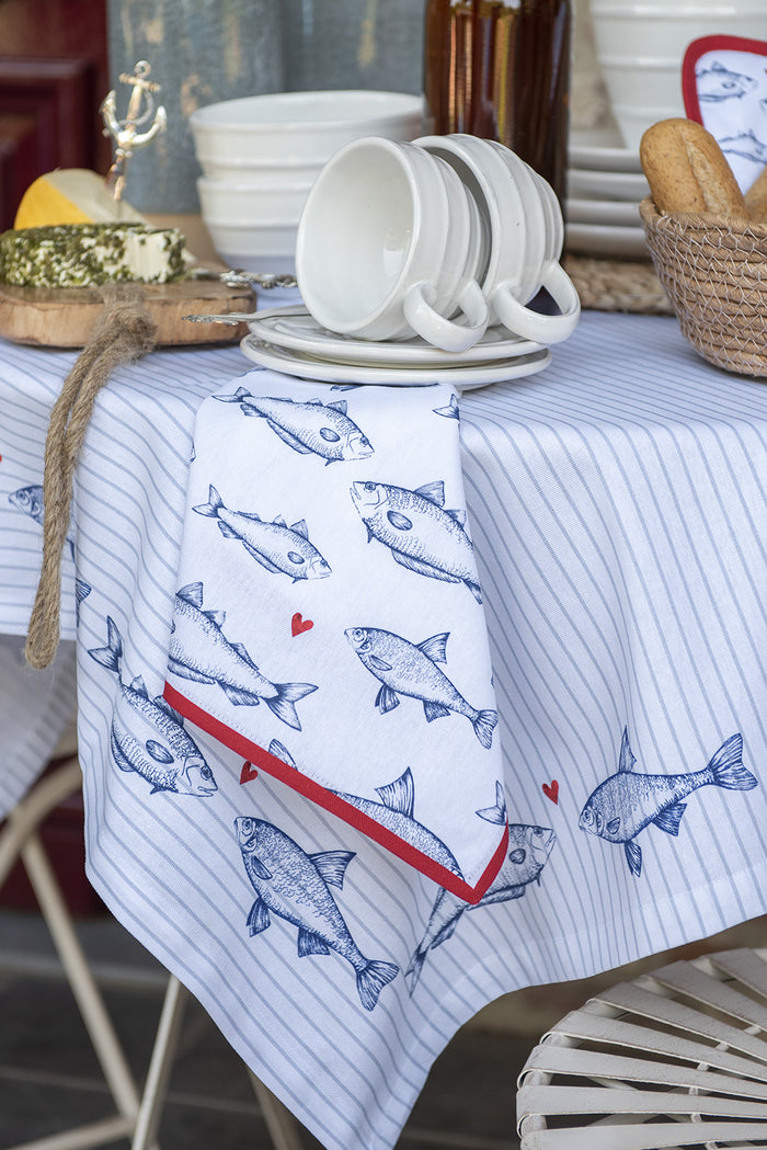 Clayre & Eef Kerstservetten Set van 6  40x40 cm Wit Blauw Katoen
