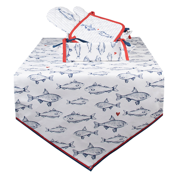 Clayre & Eef Tafelloper  50x160 cm Wit Blauw Katoen Vissen Tafelkleed