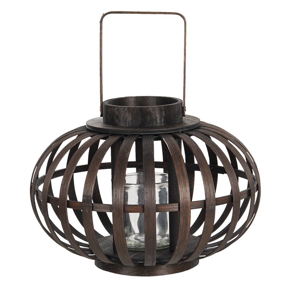 Clayre & Eef Windlicht  Ø 34x23 cm Bruin Hout Glas Rond Kaarsenhouder