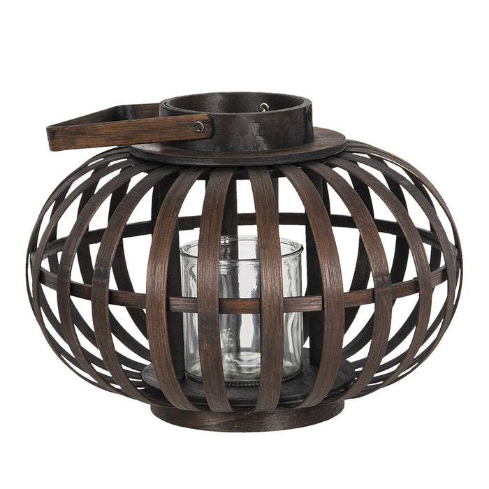 Clayre & Eef Windlicht  Ø 34x23 cm Bruin Hout Glas Rond Kaarsenhouder