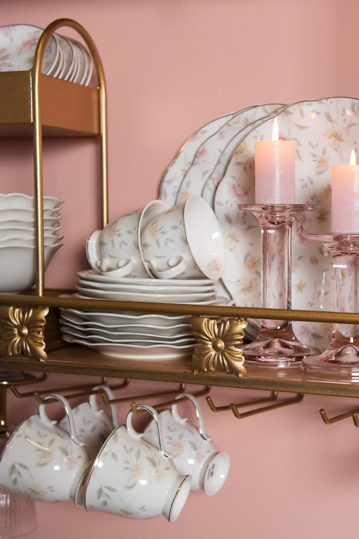 Clayre & Eef Kop en schotel  220 ml Wit Roze Porselein Rond Bloemen