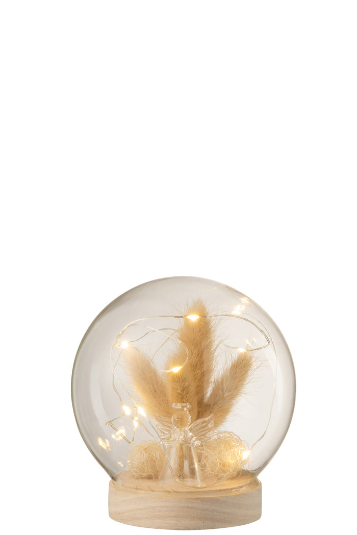 J-Line Stolp Bol Led Engel Glas|Hout Naturel Medium