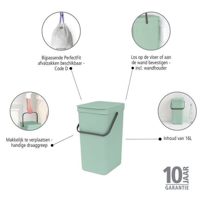 Brabantia Sort & Go Afvalemmer / Opberger 16 L - Mintgroen