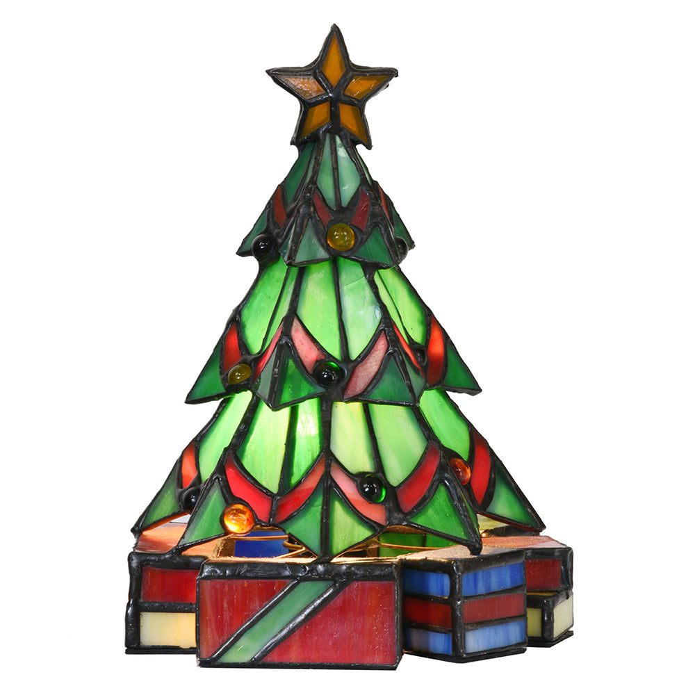 Clayre & Eef Tiffany Tafellamp Kerstboom 17x17x23 cm  Groen Glas