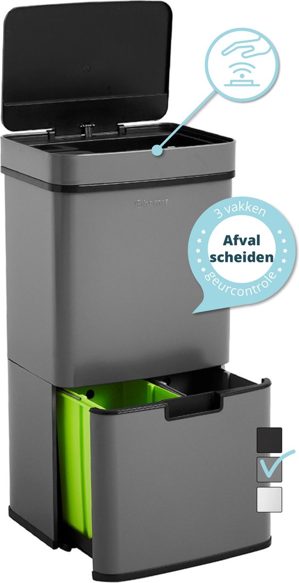 Homra NEXO Prullenbak met Sensor - 3 vakken – 72L - Grijs