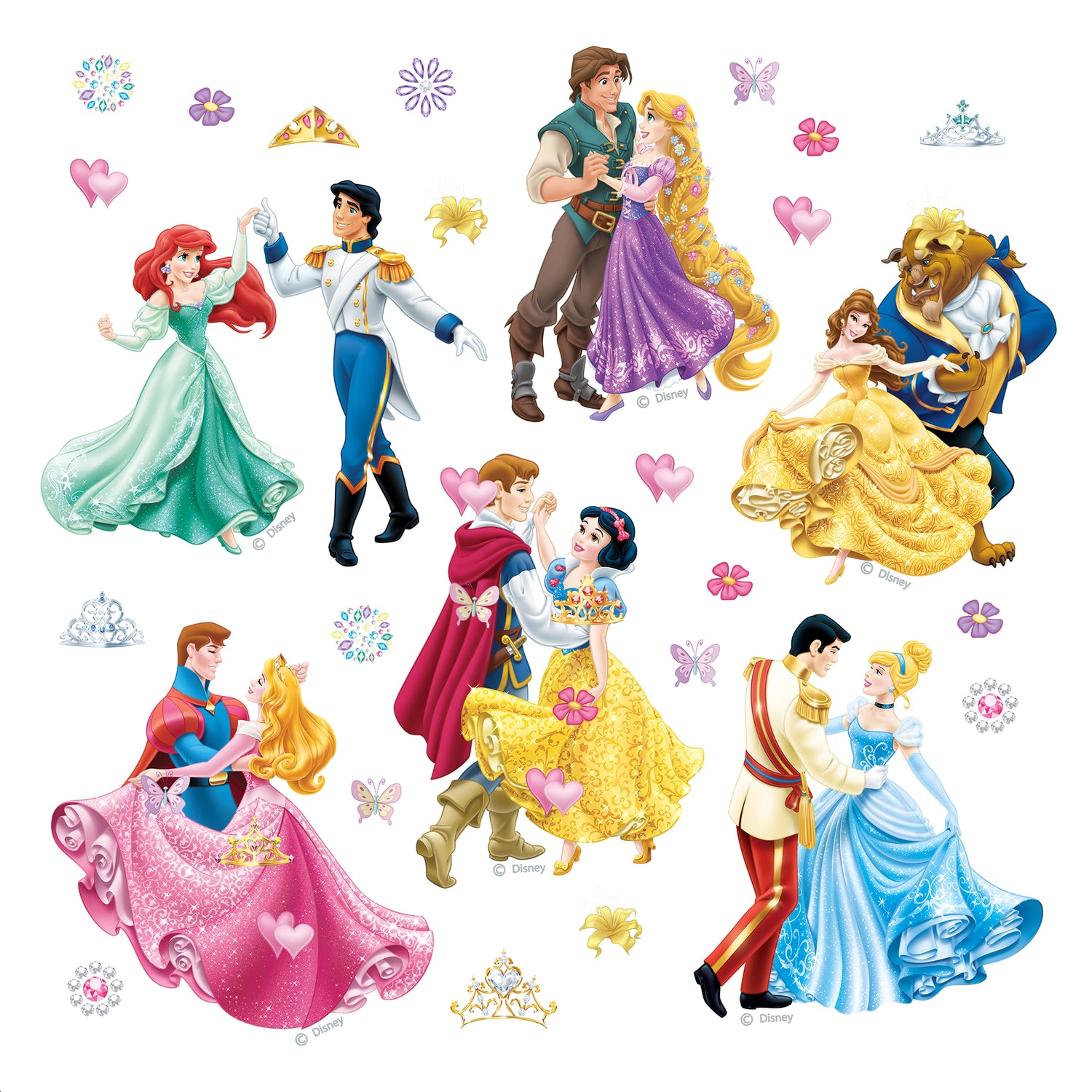 Disney muursticker prinsessen roze, geel en blauw - 30 x 30 cm - 60021