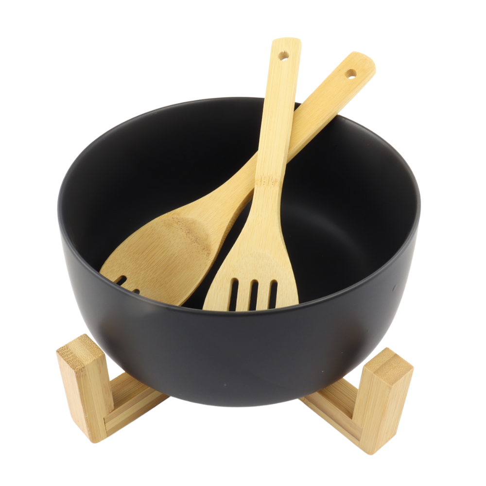 OTIX Slakom Saladeschaal met Slacouvert Zwart Set Bamboe 21 cm met...