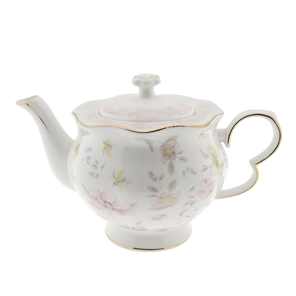 Clayre & Eef Theepot  1200 ml Wit Roze Porselein Rond Bloemen Theekan