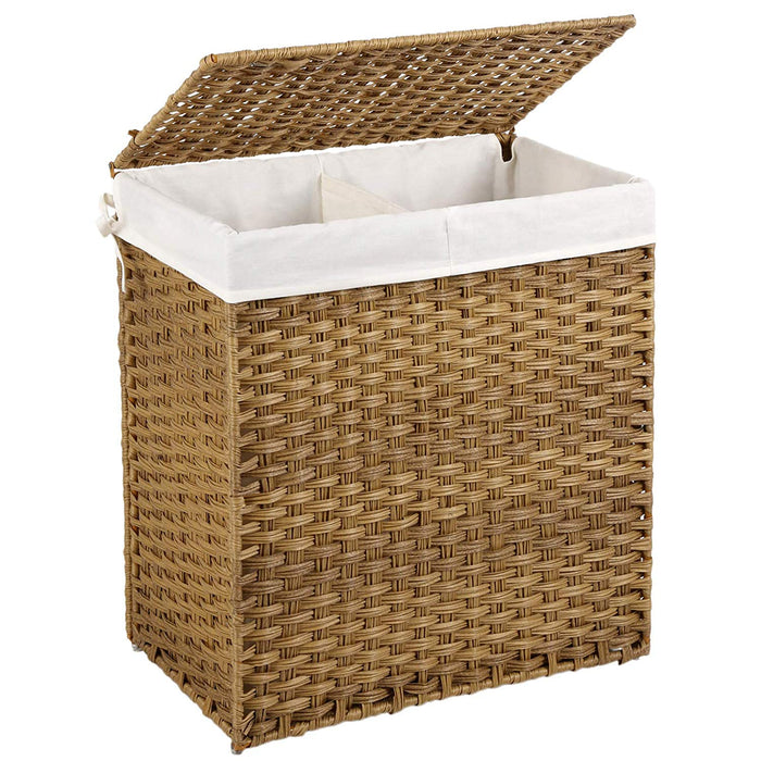 Geweven wasmand - 2 vakken van elk 55 liter - synthetische rotan - 57x60x33 cm - bruin