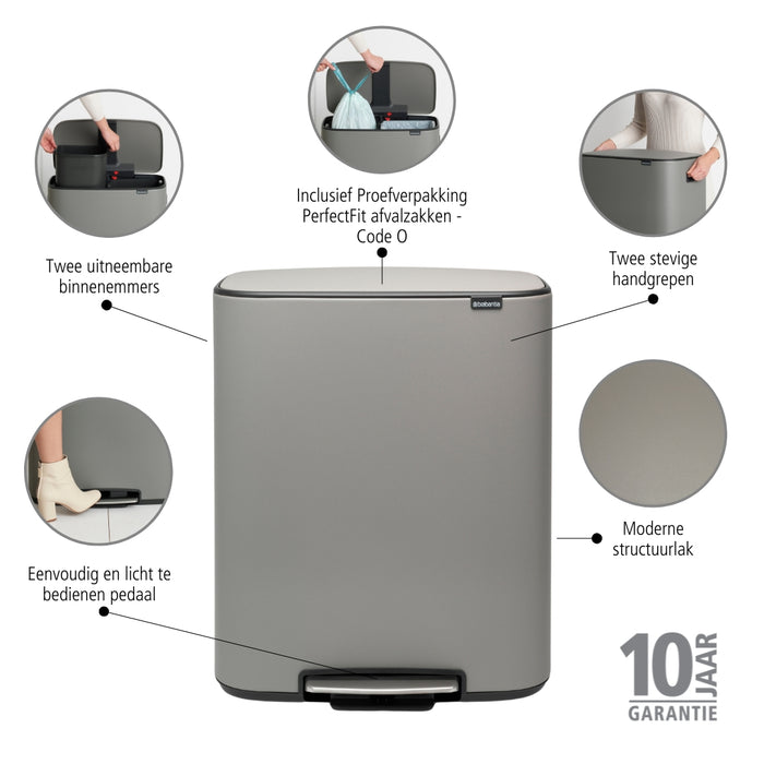 Brabantia Bo Pedaalemmer 2 x 30 L - Mineral Concrete Grey