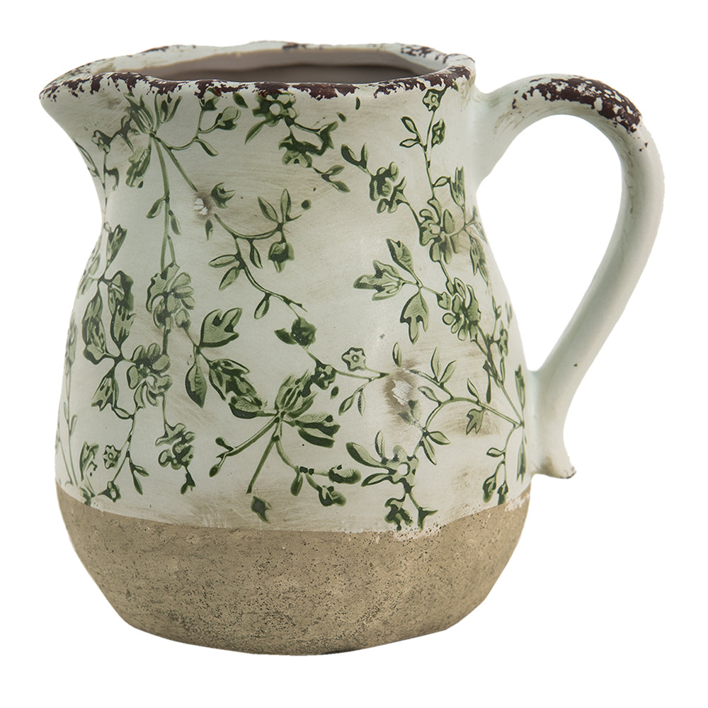 Clayre & Eef Decoratie Kan  1100 ml Groen Wit Keramiek Bladeren