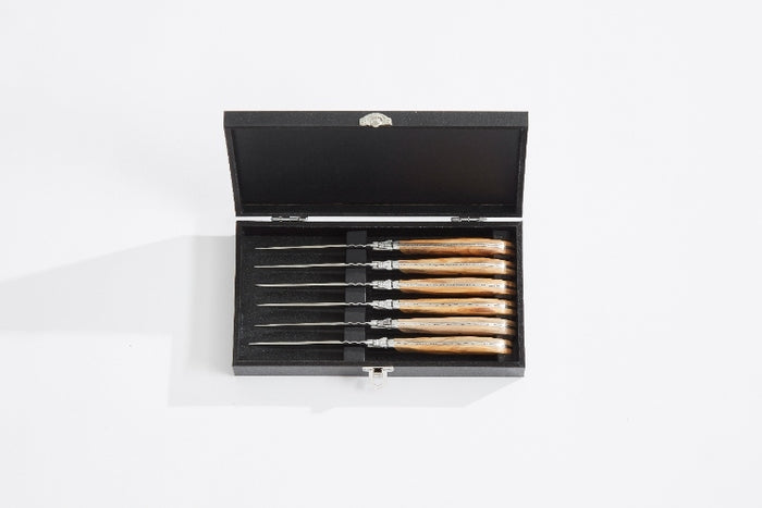 Steakmessen, Set van 6, Olijfhout|RVS, Bruin - In Luxe Giftbox - Lagui