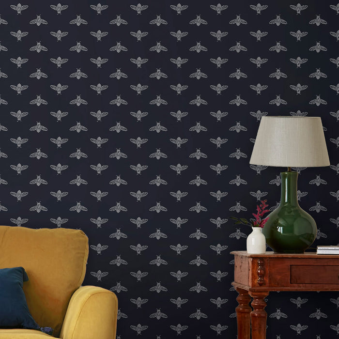 Joules vliesbehang Block Print Bee French Donkerblauw