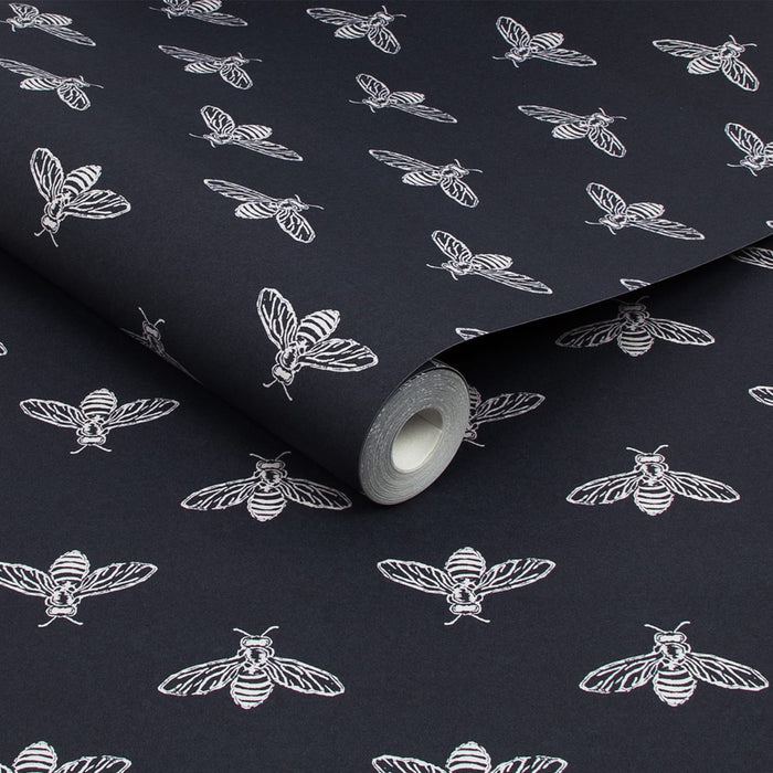 Joules vliesbehang Block Print Bee French Donkerblauw