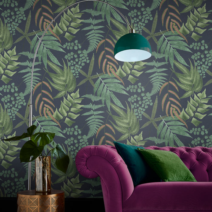 Graham & Brown vliesbehang Midsummer Fern Navy blauw