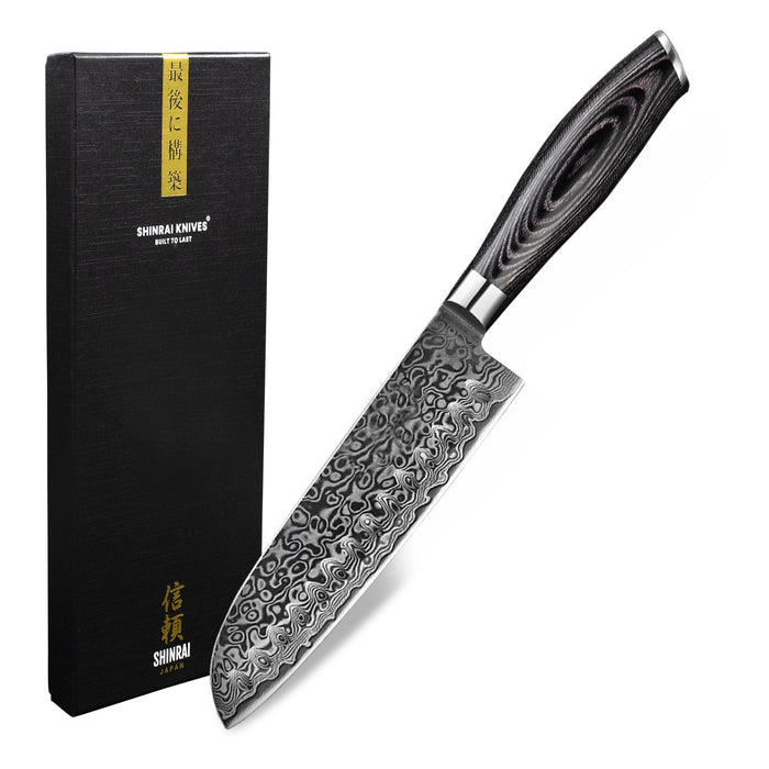 Shinrai Japan -  Damast Pakka Wood - Damascus Santoku 18 cm