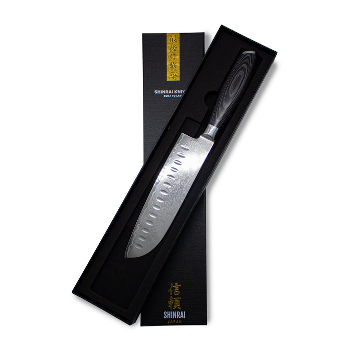 Shinrai Japan -  Damast Pakka Wood - Damascus Santoku 18 cm