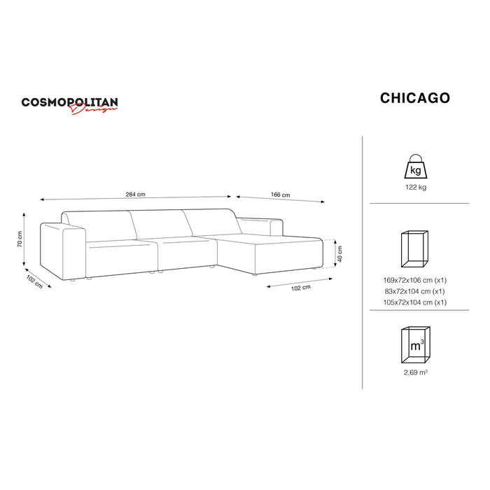 Cosmopolitan Design Chicago Hoekbank met Chaise Longue Rechts - Velvet - Grijs
