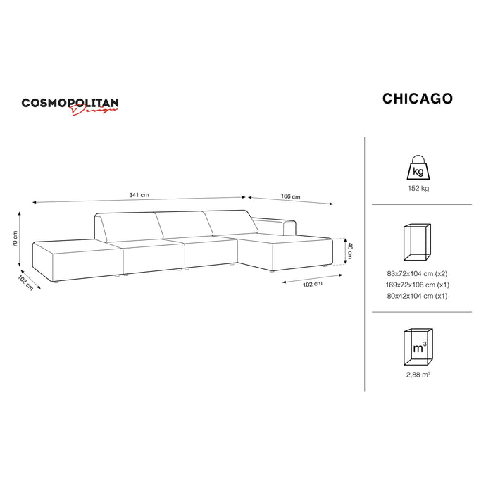 Cosmopolitan Design Chicago Hoekbank met Chaise Longue Rechts - Links Open - Velvet - Grijs