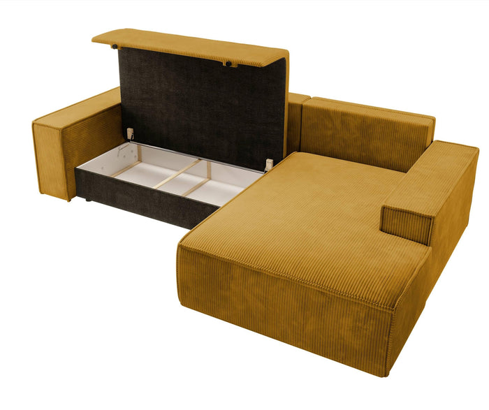 NADUVI Collection Galine Hoekbank met Chaise Longue Rechts met Slaapfunctie - Ribstof - Mosterdgeel