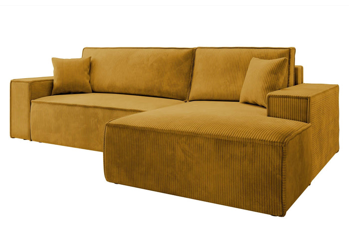 NADUVI Collection Galine Hoekbank met Chaise Longue Rechts met Slaapfunctie - Ribstof - Mosterdgeel