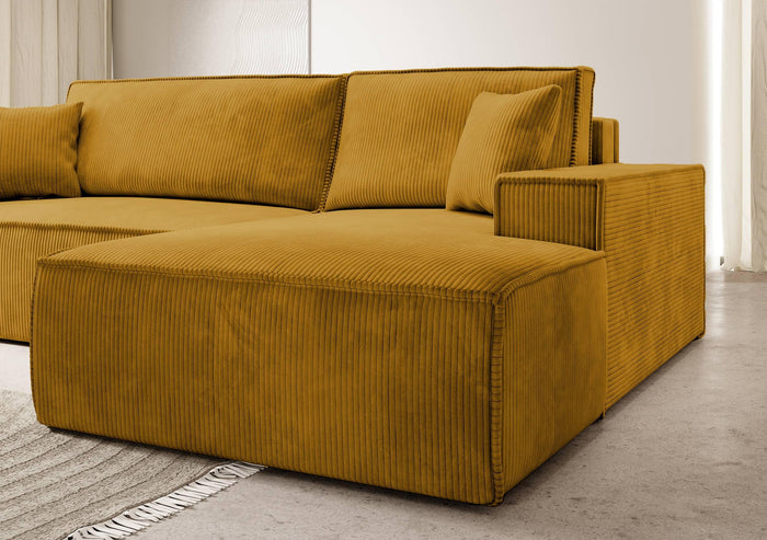 NADUVI Collection Galine Hoekbank met Chaise Longue Rechts met Slaapfunctie - Ribstof - Mosterdgeel